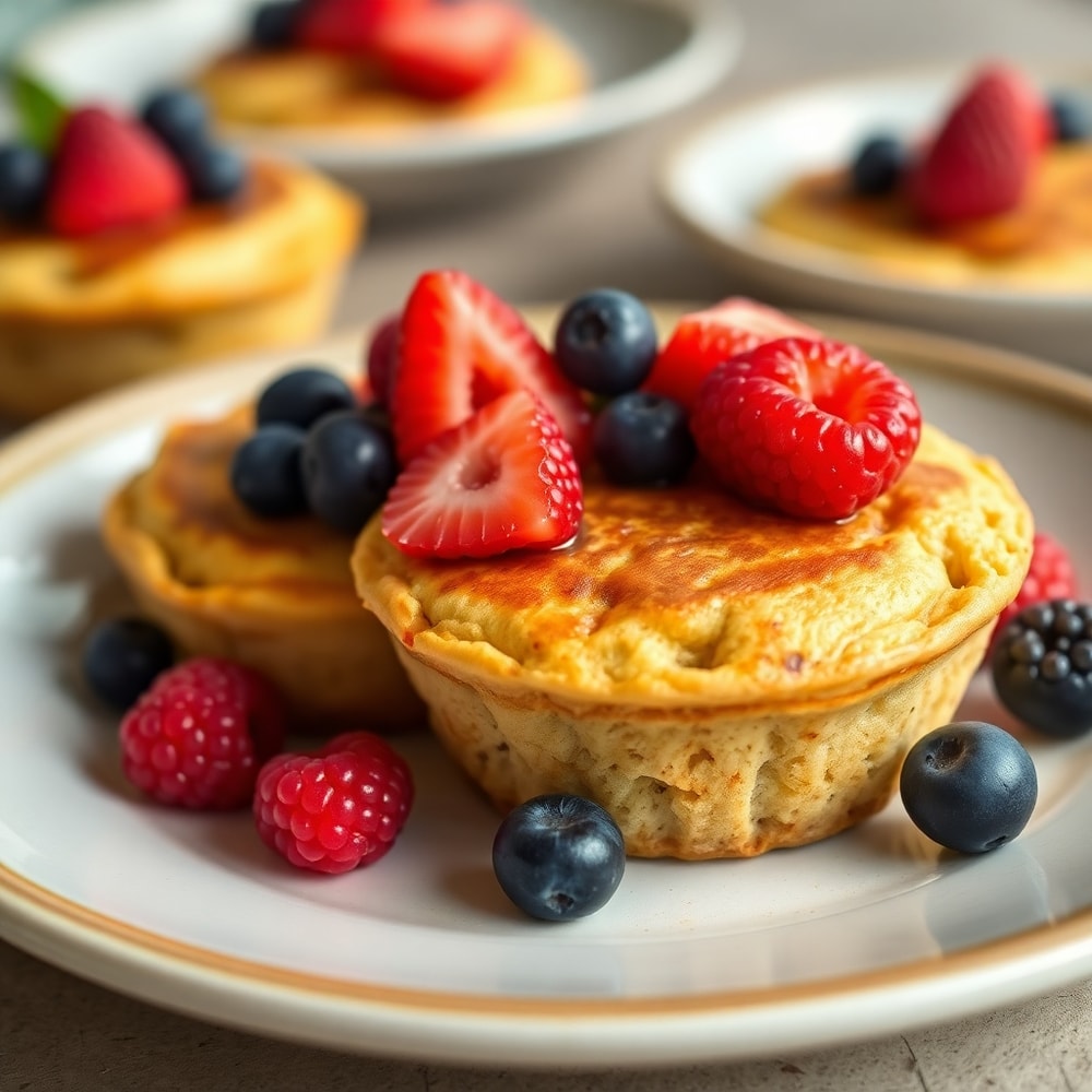High protein pancake muffins plated with fresh berries
