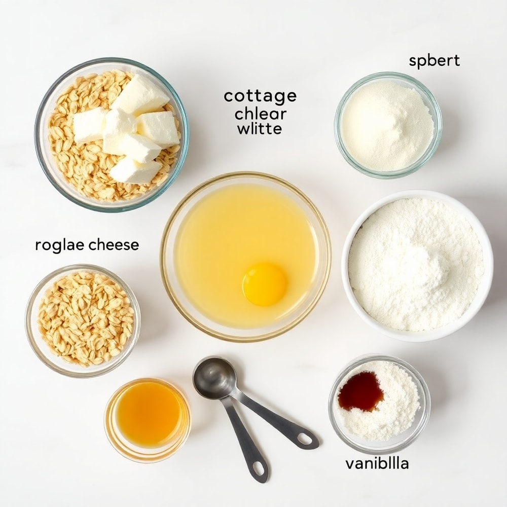 Raw ingredients for high protein pancake muffins including protein powder, oats, and eggs