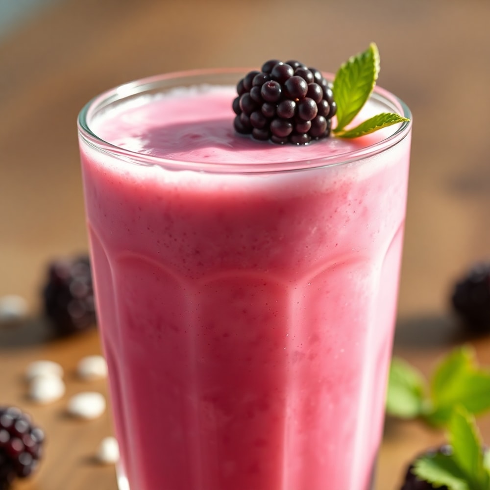 Homemade Blackberry Coconut Pink Drink served in a glass with a blackberry garnish