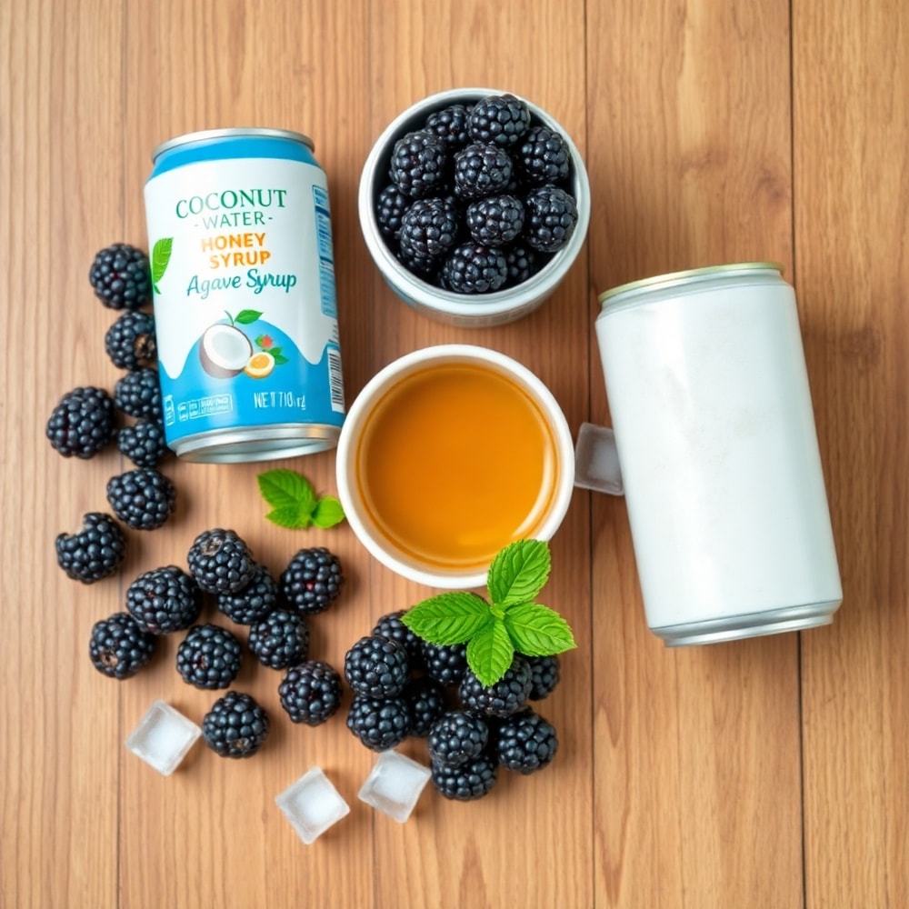 Ingredients for Homemade Blackberry Coconut Pink Drink laid out on a wooden surface