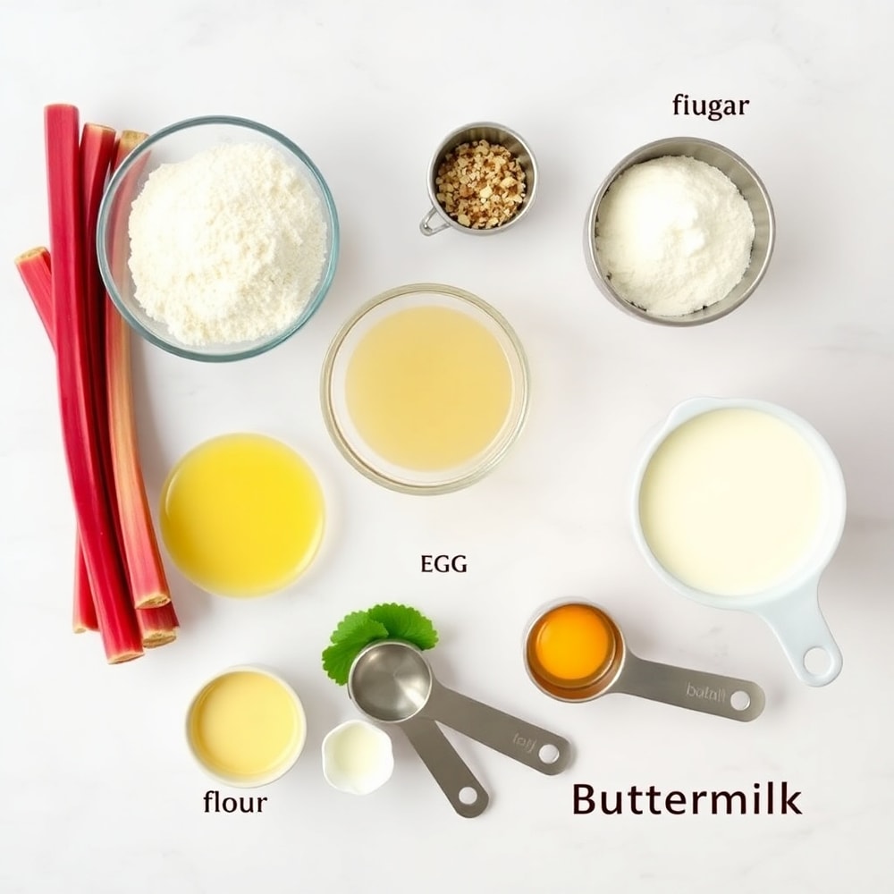 Raw ingredients for homemade moist rhubarb muffins including rhubarb, flour, sugar, and eggs