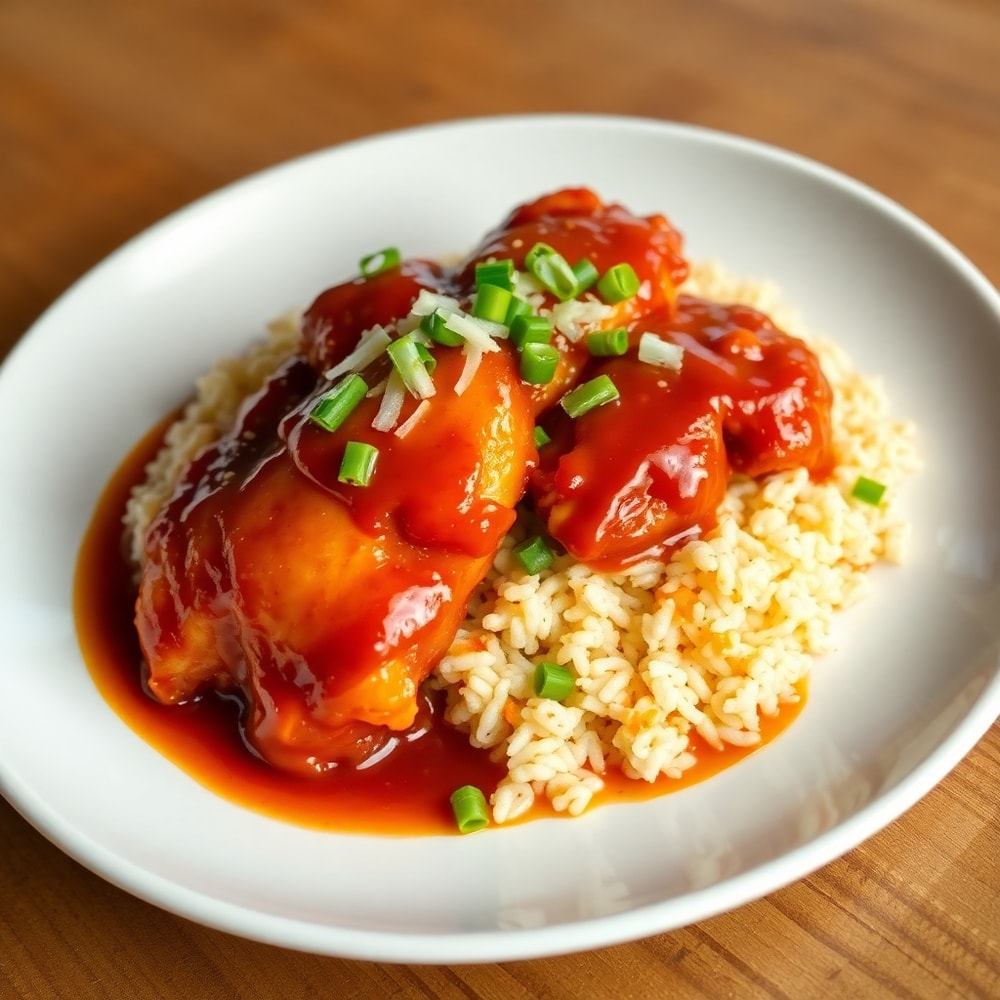 Plated serving of Honey BBQ Chicken and Rice