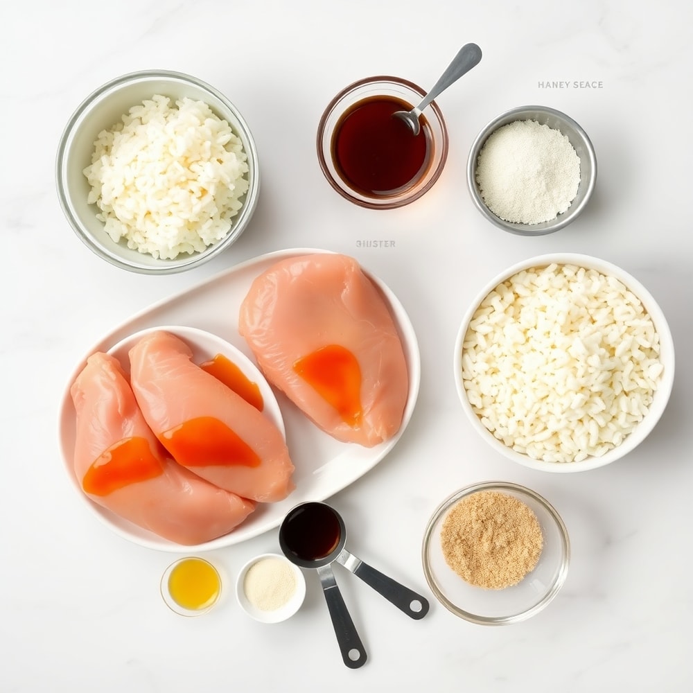 Raw ingredients for Honey BBQ Chicken and Rice laid out