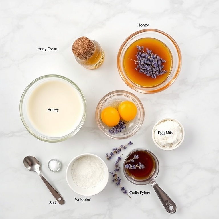 Raw ingredients for Honey Lavender Ice Cream laid out