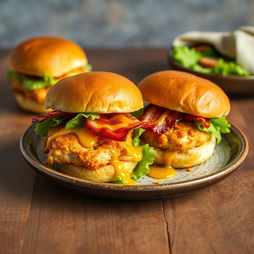 Plated Honey Mustard BLT Chicken Sliders on a rustic plate
