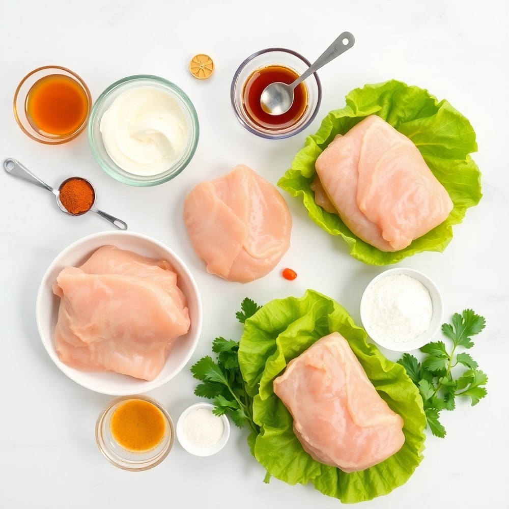 Raw ingredients for Honey Mustard BLT Chicken Sliders on a marble countertop