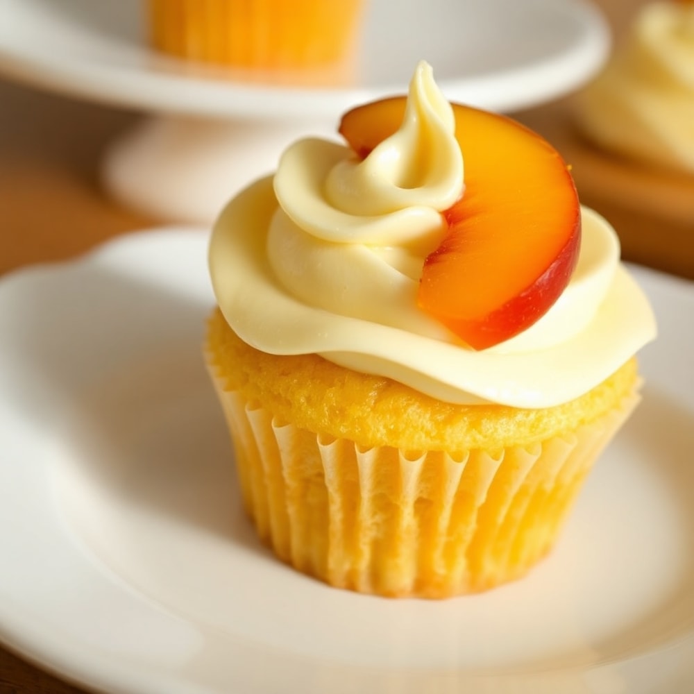 Plated Honey Peach Cream Cheese Cupcake with cream cheese frosting and fresh peach slice