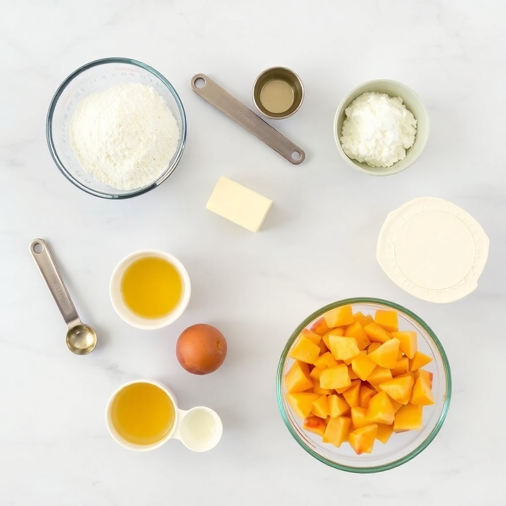 Ingredients for Honey Peach Cream Cheese Cupcakes including flour, sugar, butter, eggs, peaches, and cream cheese