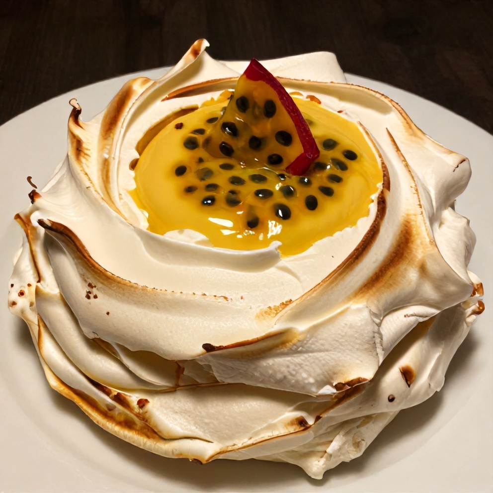 Individual Passionfruit Pavlova with passionfruit curd and whipped cream, garnished with a passionfruit slice