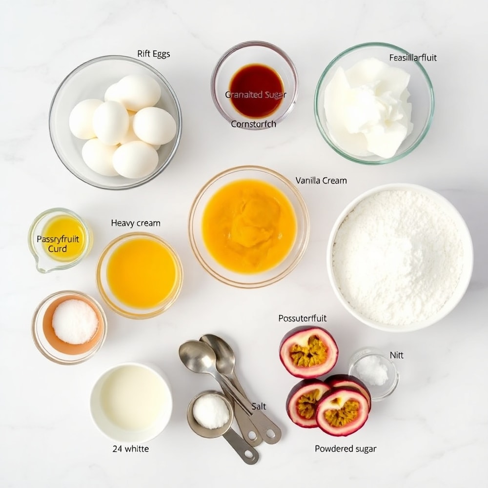 Raw ingredients for Individual Passionfruit Pavlovas arranged on a marble surface