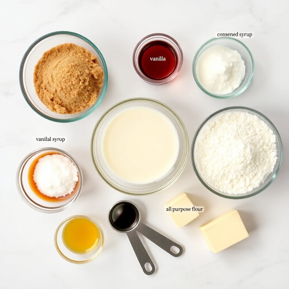 Raw ingredients for caramel crush bars on a marble surface