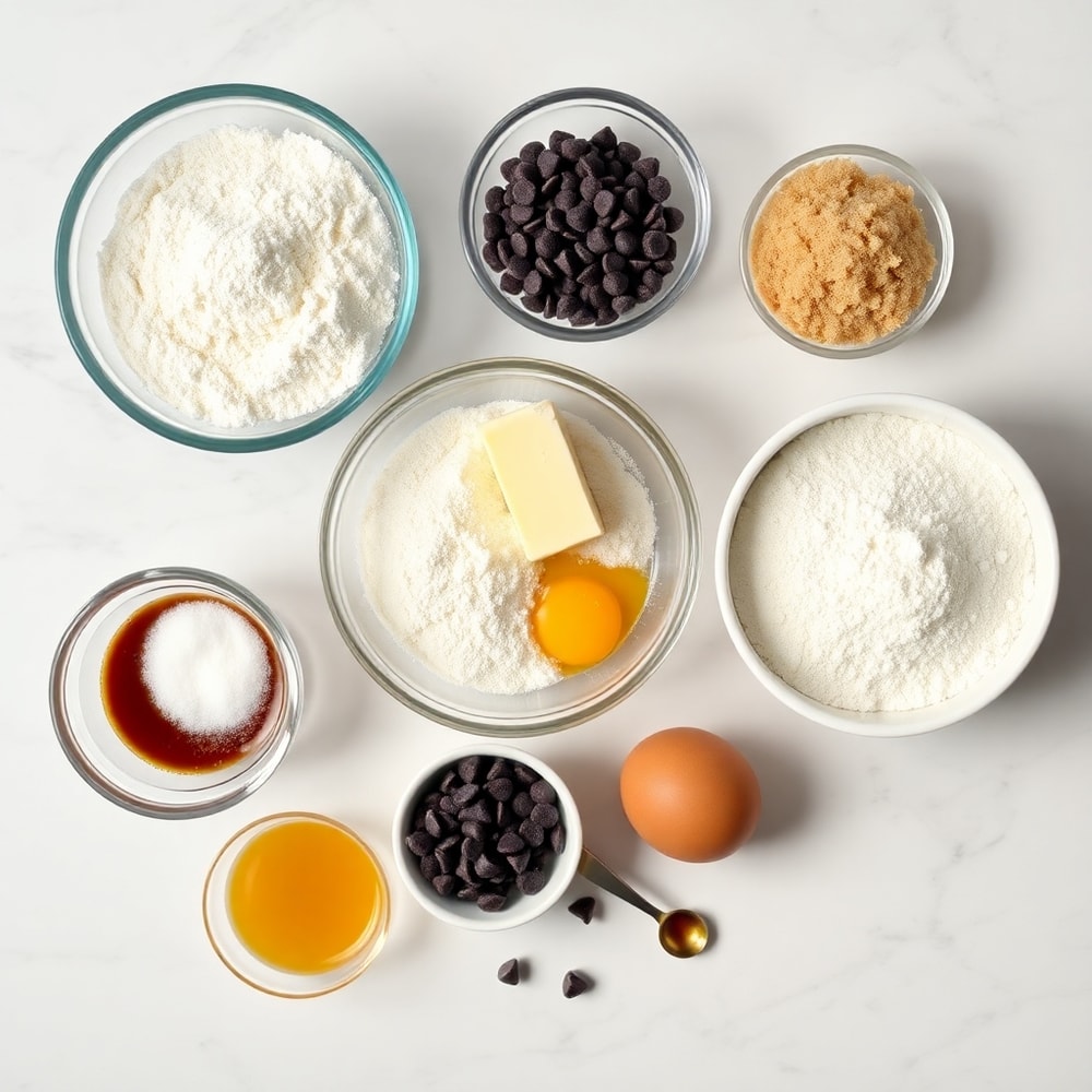 Raw ingredients for inside out chocolate chip cookies on a marble surface