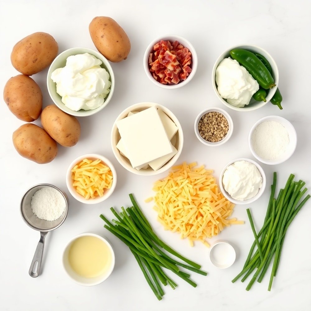 Raw ingredients for jalapeno popper twice baked potatoes on a white marble surface