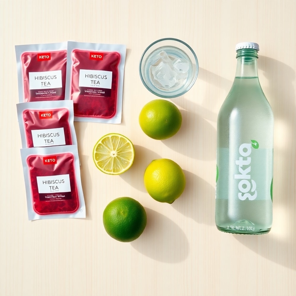 Hibiscus tea bags, lime, sparkling water, ice, and a glass on a wooden surface