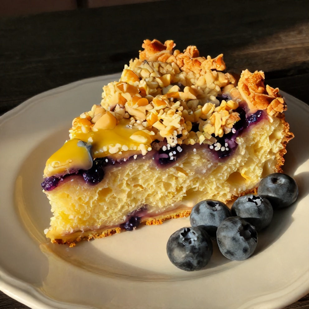 A slice of Lemon Blueberry Crumb Cake on a white plate