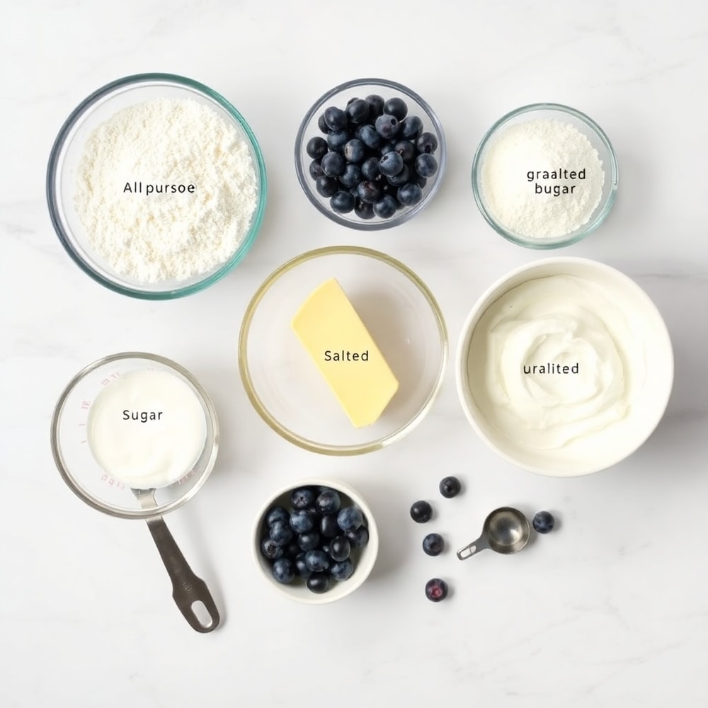 Ingredients for Lemon Blueberry Crumb Cake on a white marble surface