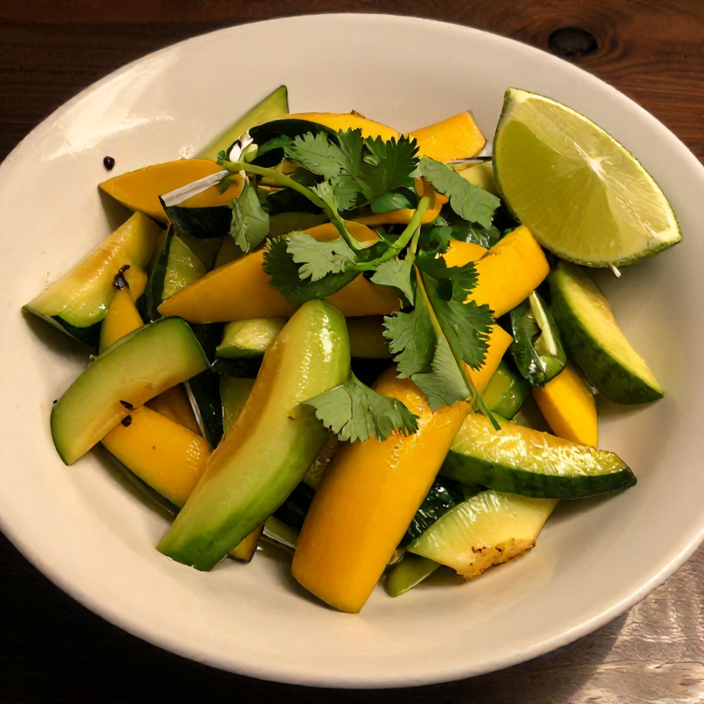 Mango Cucumber Salad plated with fresh cilantro and lime wedge