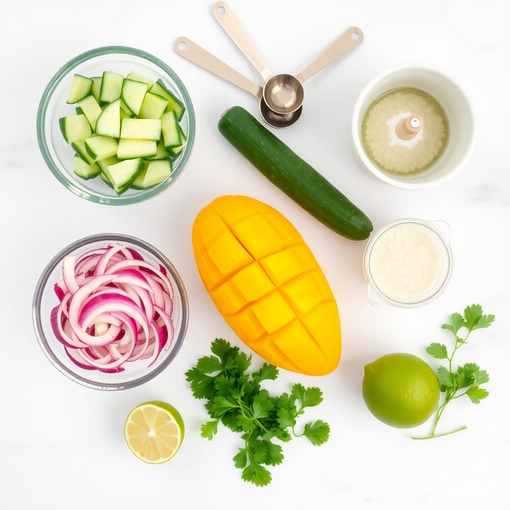 Raw ingredients for Mango Cucumber Salad: ripe mango, cucumber, red onion, fresh cilantro, and lime