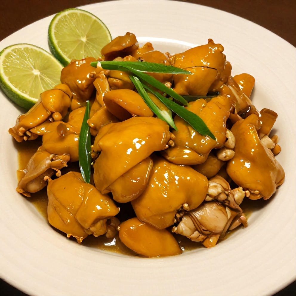 Mango glazed chicken stir-fry plated on a white plate with green garnish