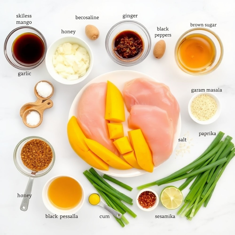 Raw ingredients for mango glazed chicken stir-fry on a white marble surface