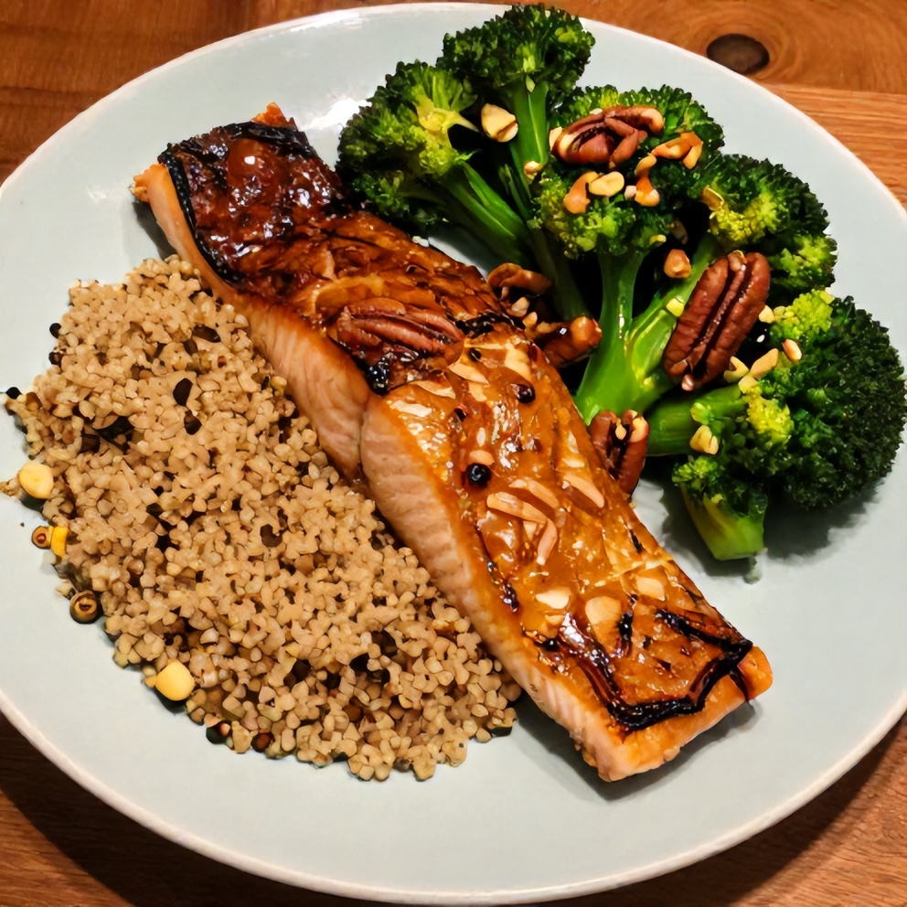 Plated Maple Pecan Glazed Salmon with a side of quinoa and steamed broccoli, garnished with chopped pecans