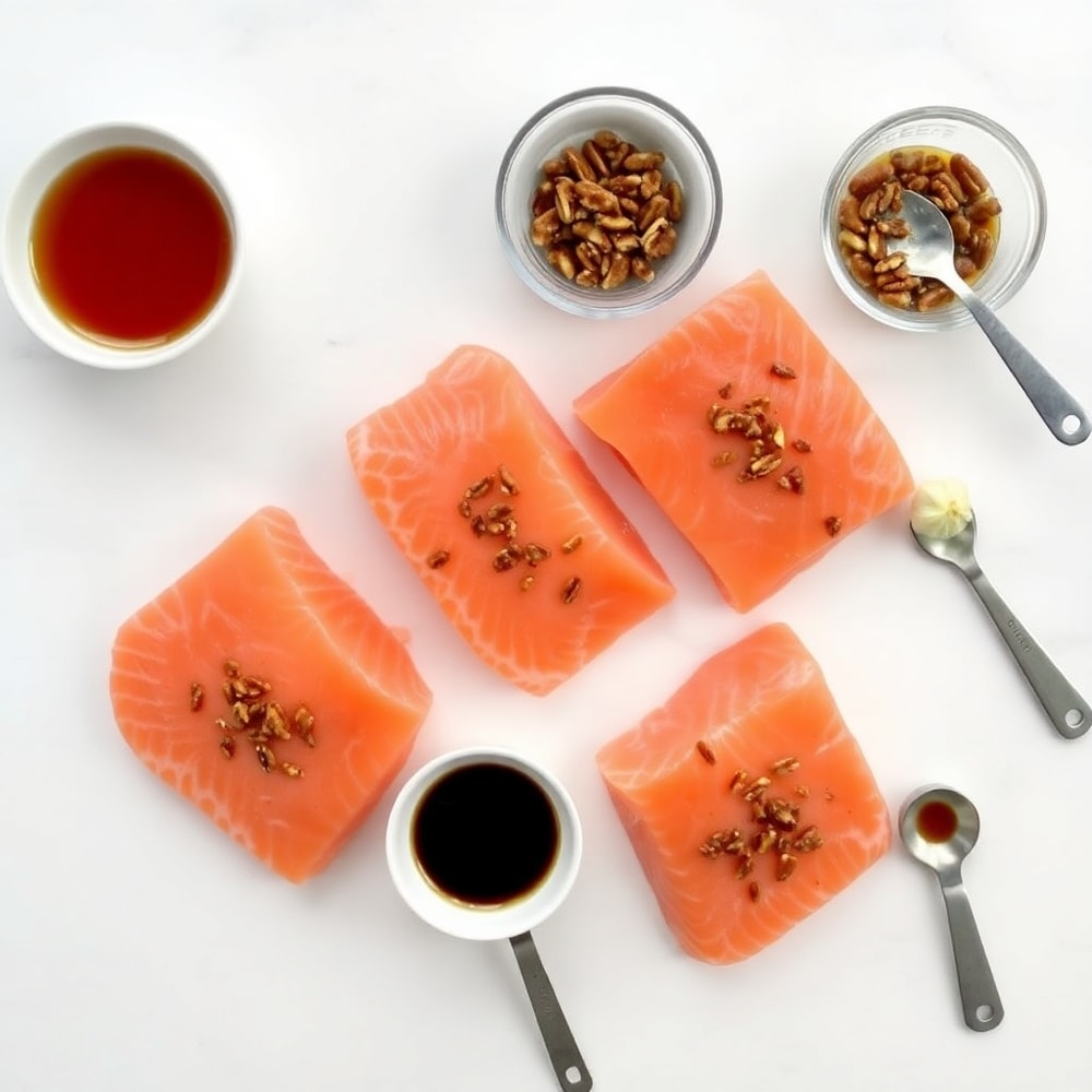 Raw ingredients for Maple Pecan Glazed Salmon including salmon fillets, maple syrup, pecans, soy sauce, and garlic, arranged on a white marble surface