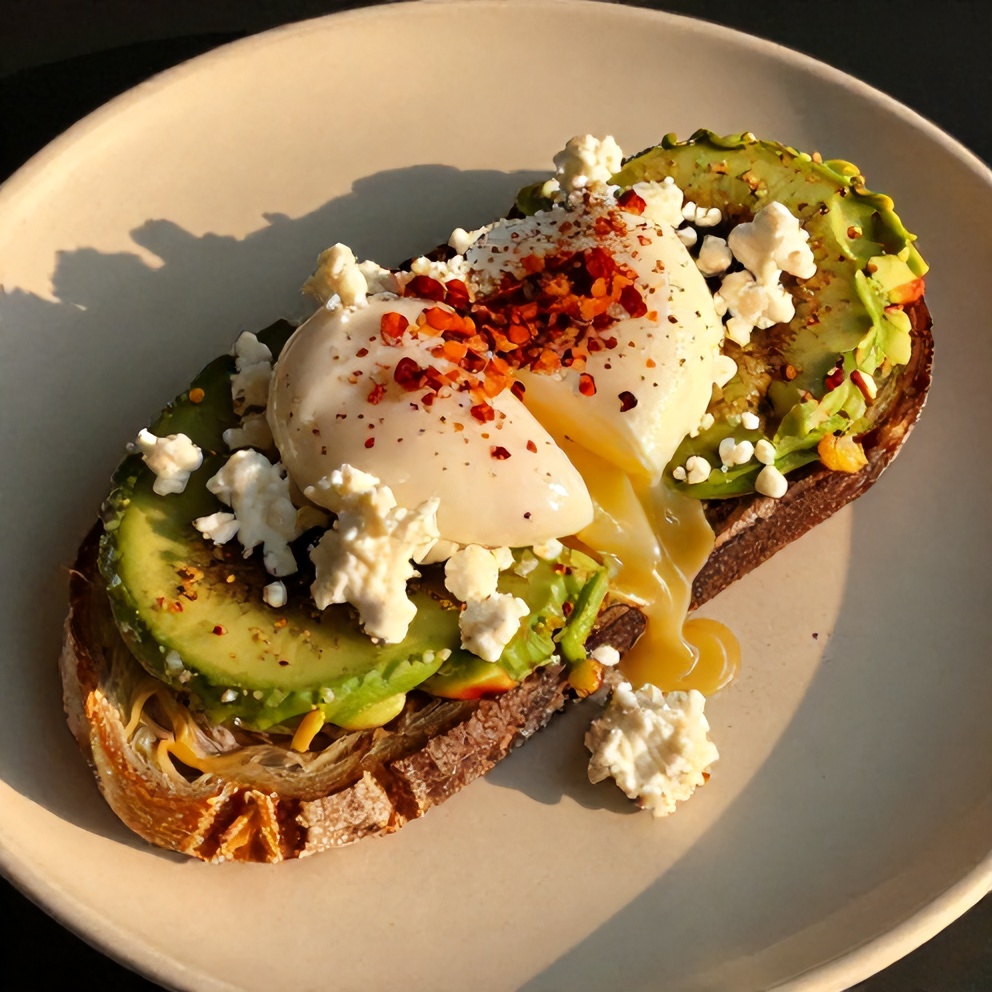 Plated Mediterranean Avocado Toast with Poached Egg and Feta