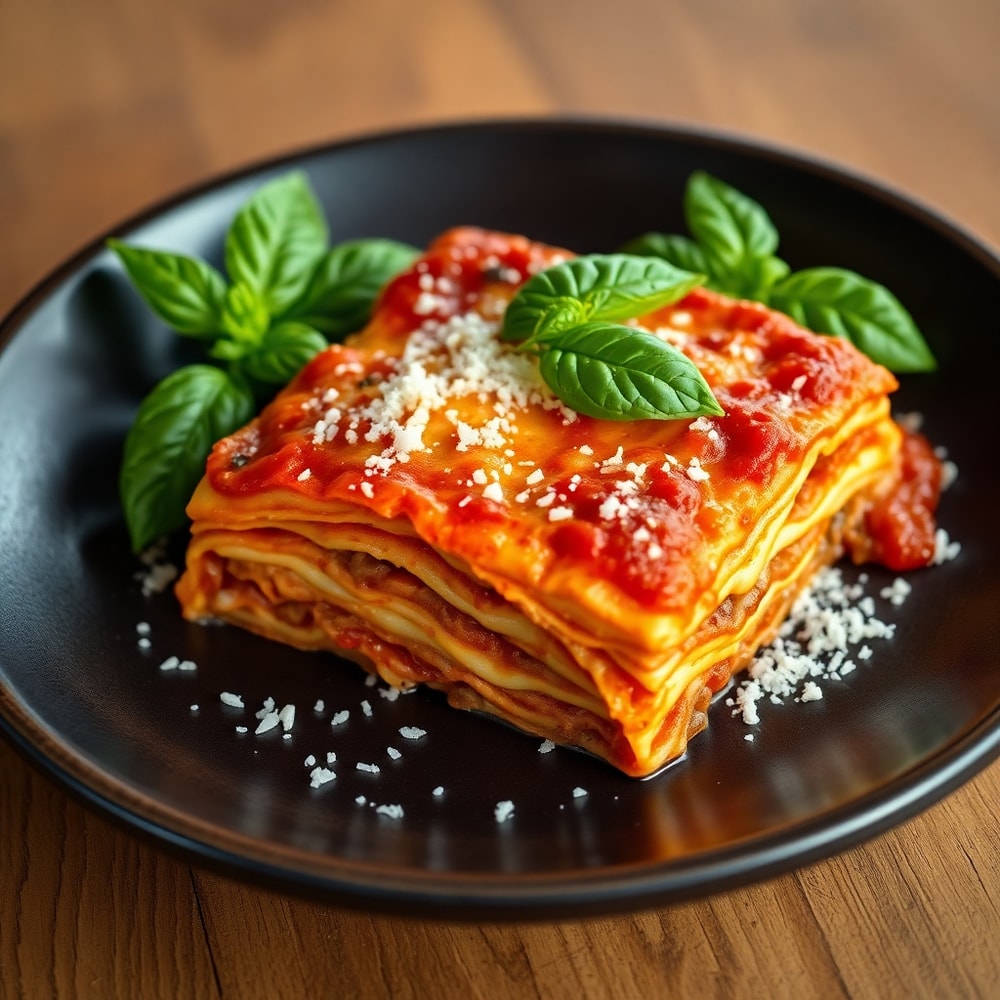 Plated serving of million dollar lasagna with fresh basil and grated parmesan