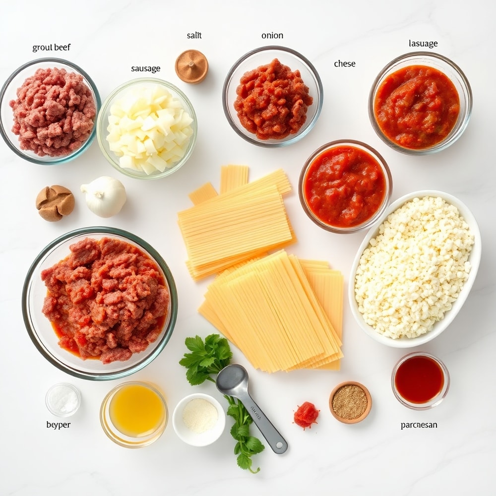 Raw ingredients for million dollar lasagna including ground beef, ricotta, lasagna noodles, and mozzarella cheese