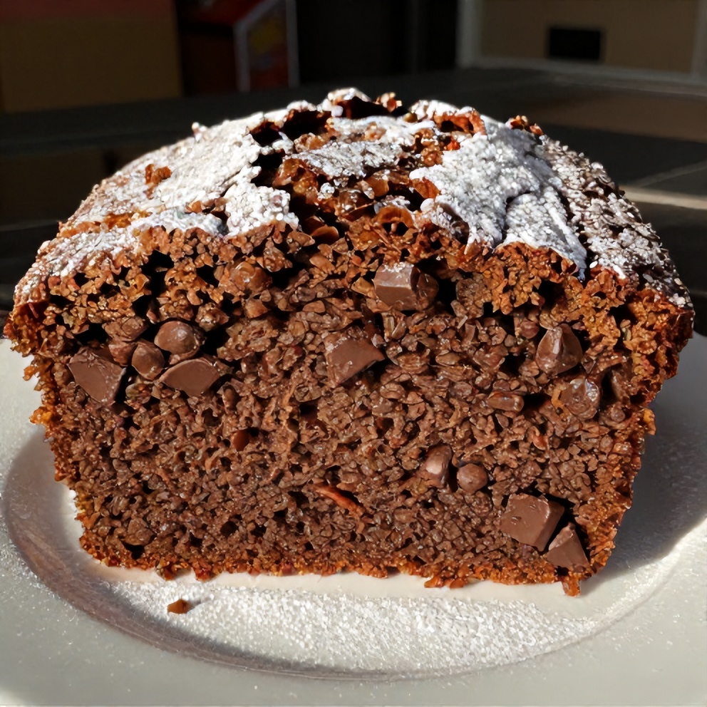 Slice of double chocolate zucchini bread on a white plate