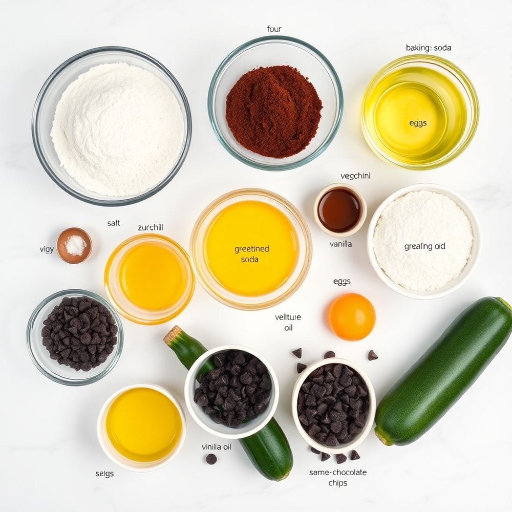 Raw ingredients for double chocolate zucchini bread on a marble surface