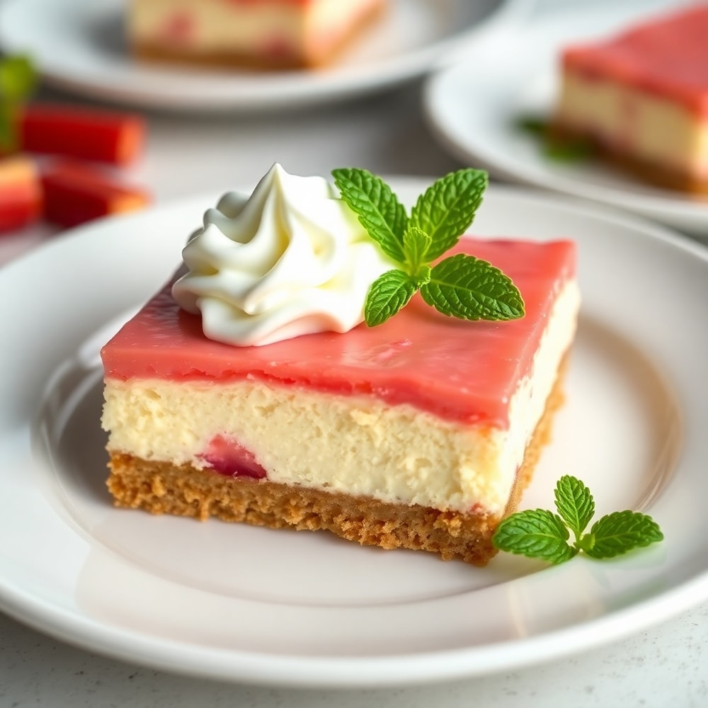 Sliced No Bake Rhubarb Cheesecake Squares on a plate