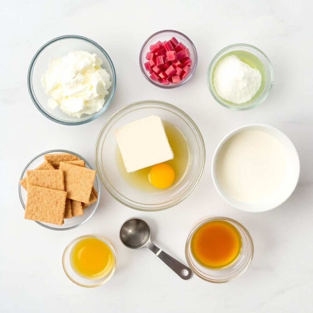 Graham crackers, cream cheese, rhubarb, sugar, eggs, heavy cream, vanilla extract