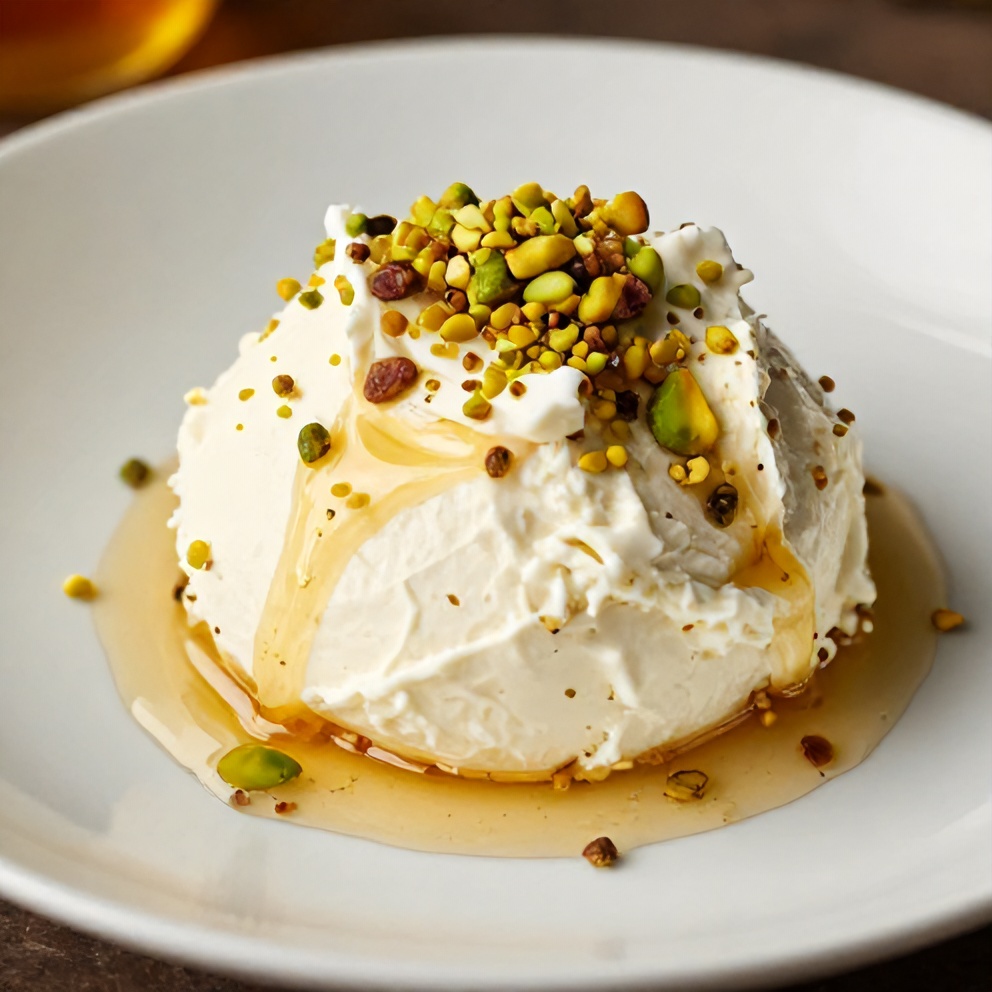 One perfect plated serving of no-bake ricotta cups with honey and pistachios on a white plate, showing creamy texture and crunchy pistachios. Warm side lighting highlighting texture.