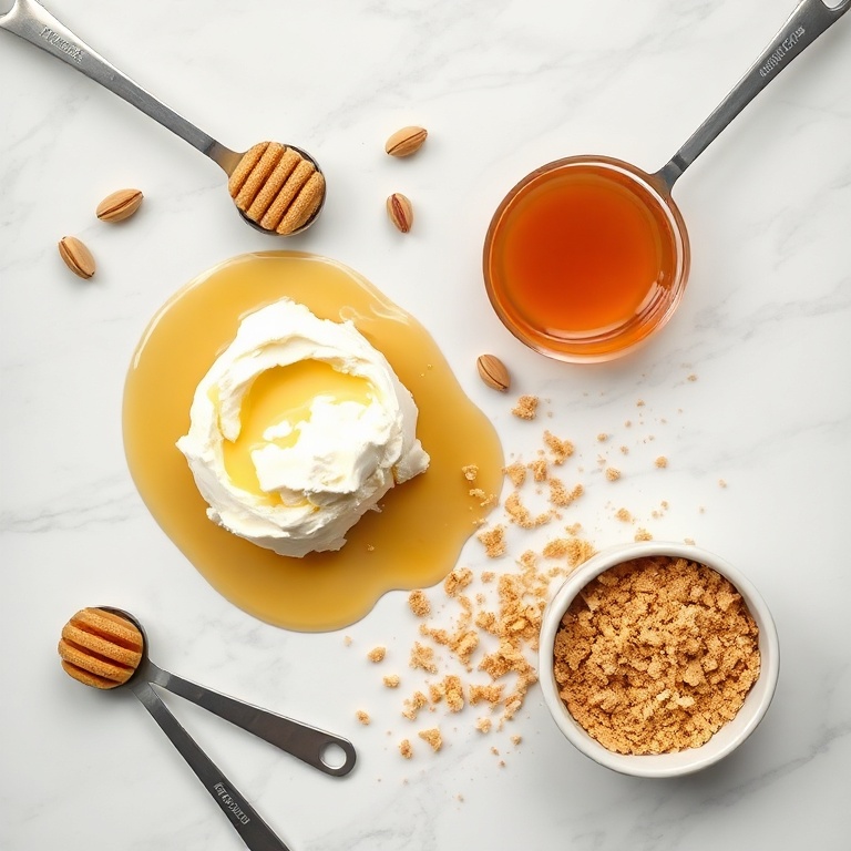 Overhead flat lay of ricotta cheese, honey, pistachios, and graham cracker crumbs on a white marble surface, with measuring spoons and bowls visible.
