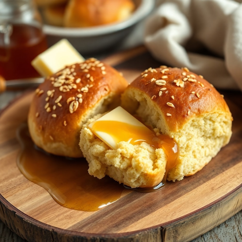 Plated Oatmeal Molasses Rolls with melted butter and warm honey
