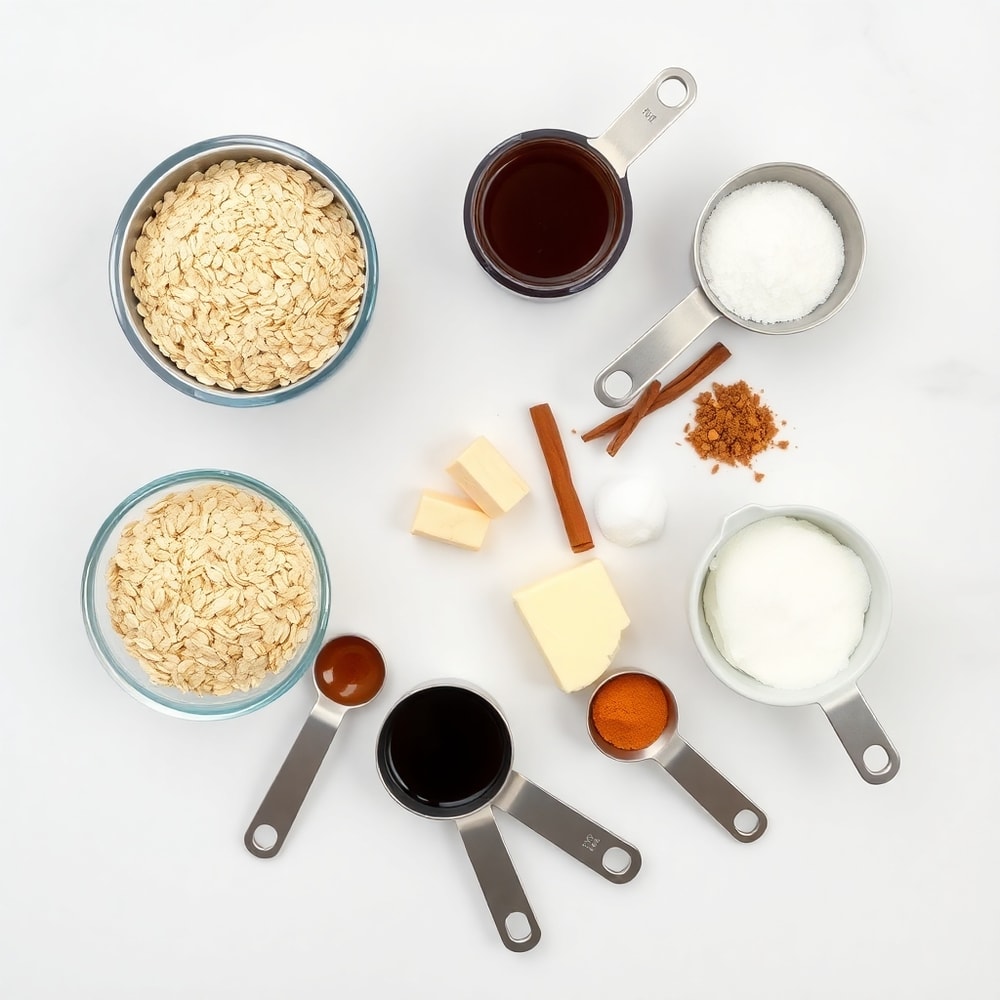 Raw ingredients for Oatmeal Molasses Rolls including oats, molasses, and warm spices