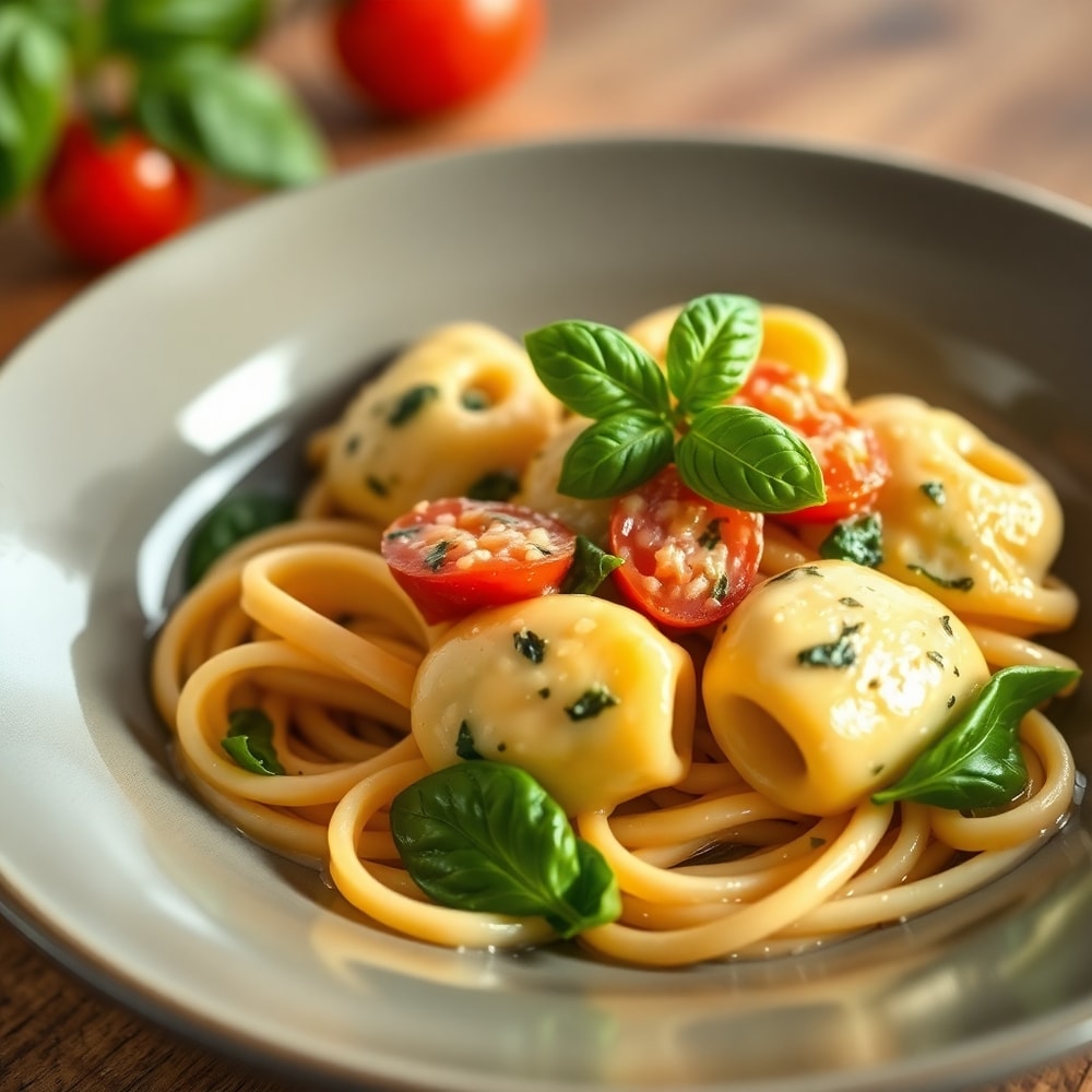 One perfect plated serving of creamy spinach tomato tortellini on a pasta bowl, garnished with fresh basil