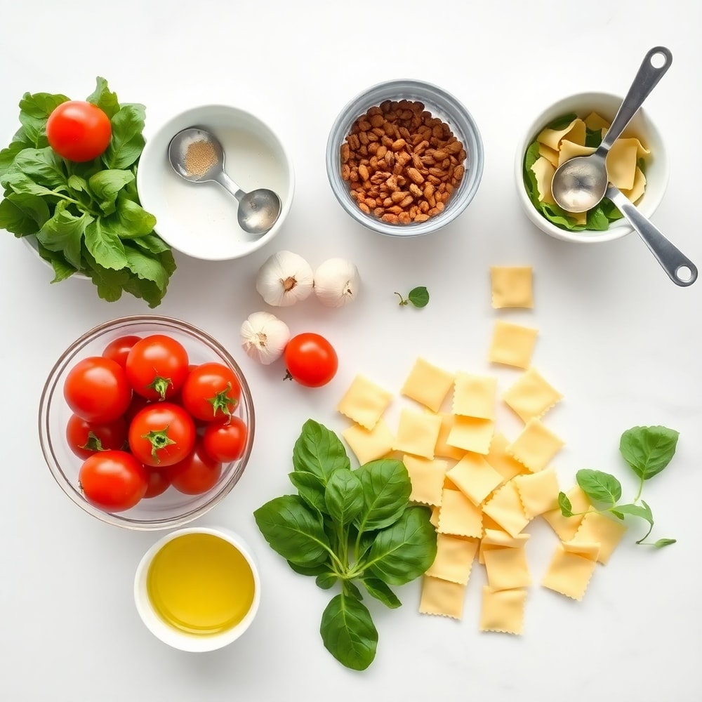 Overhead flat lay of raw ingredients for creamy spinach tomato tortellini, including spinach, cherry tomatoes, garlic, and tortellini
