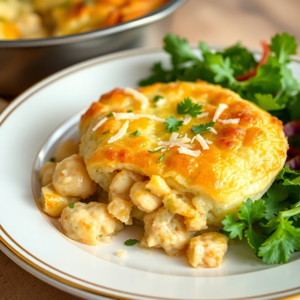 One Pot Gnocchi Chicken Pot Pie served on a plate with a side of green salad