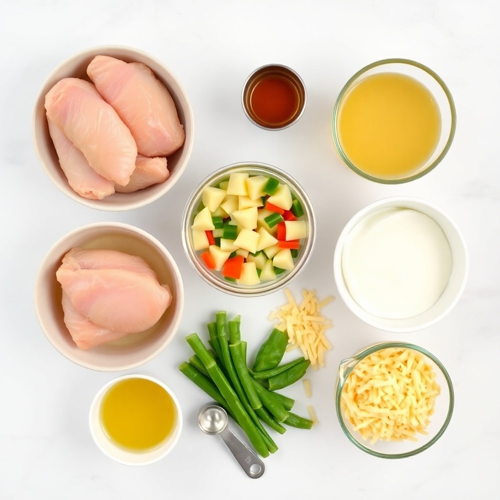 Raw ingredients for One Pot Gnocchi Chicken Pot Pie laid out on a wooden surface
