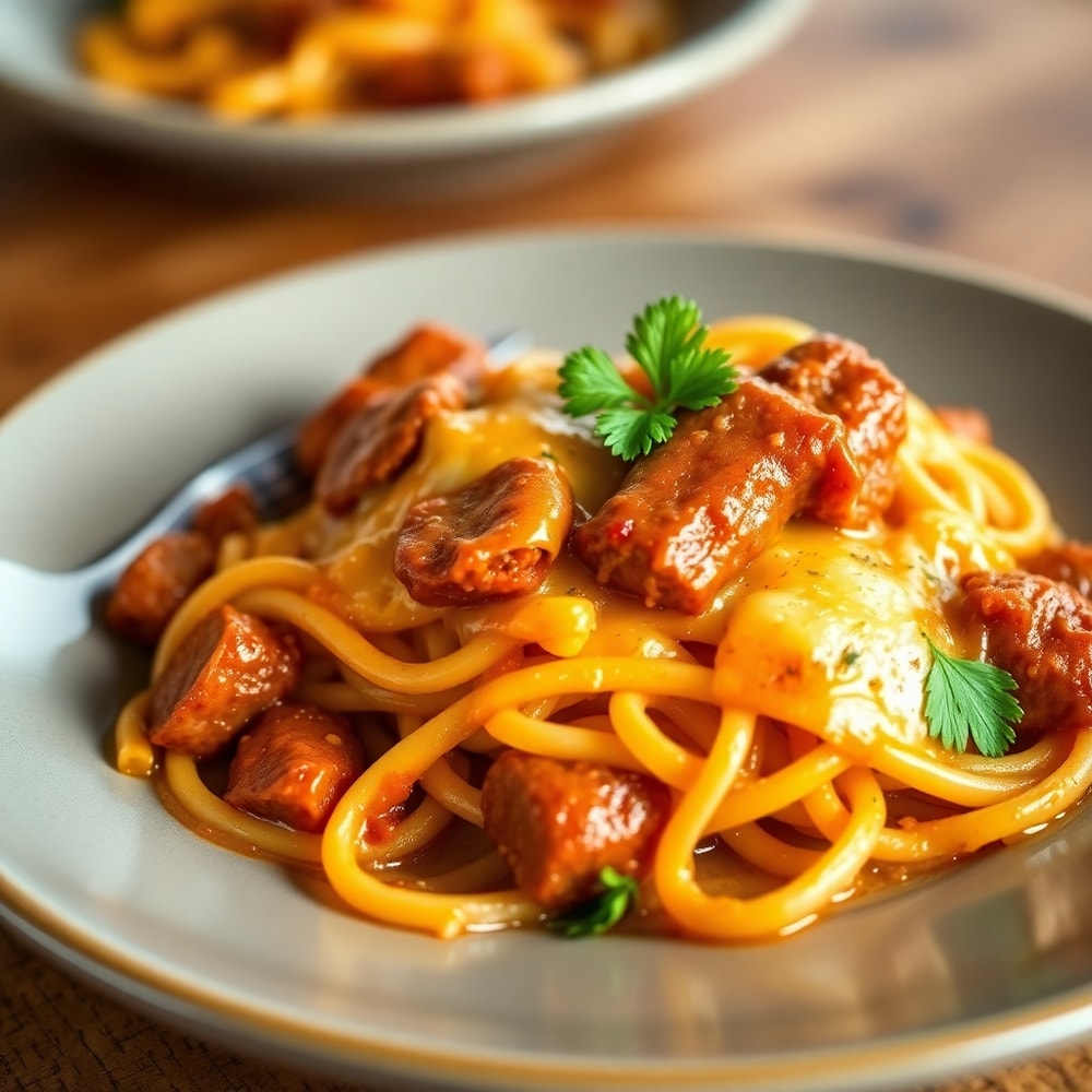 Plated one-pot honey BBQ sausage pasta with melted cheese and crispy sausage