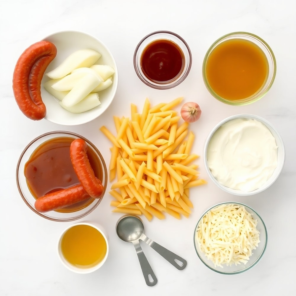 Raw ingredients for one-pot honey BBQ sausage pasta: sausage, pasta, honey, BBQ sauce, garlic, onion, cheese, etc.