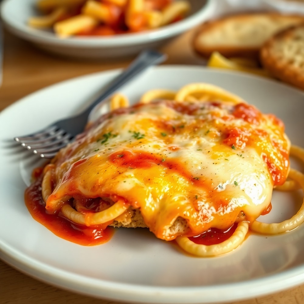 Plated baked chicken parmesan with side of pasta and garlic bread