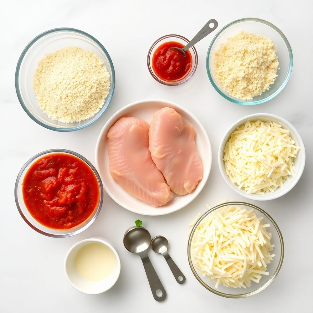 Raw ingredients for baked chicken parmesan including chicken breasts, breadcrumbs, parmesan cheese, and marinara sauce