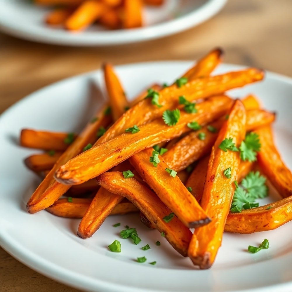 A serving of crispy oven baked sweet potato fries on a plate