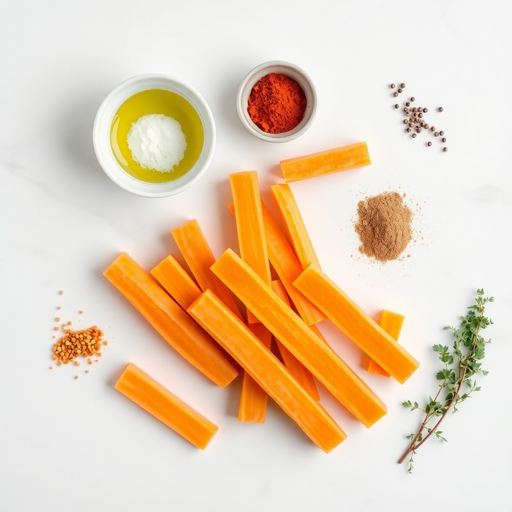 Raw sweet potatoes, olive oil, salt, and paprika arranged on a wooden surface