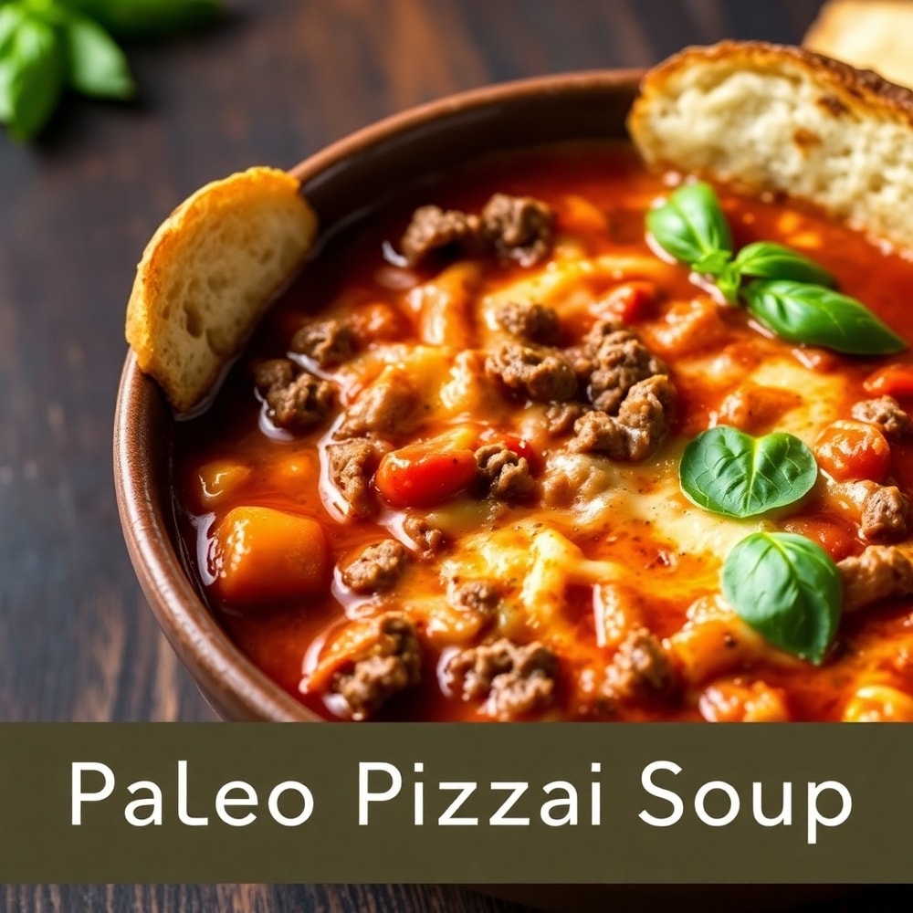 Bowl of Paleo Pizza Soup with garlic bread on the side