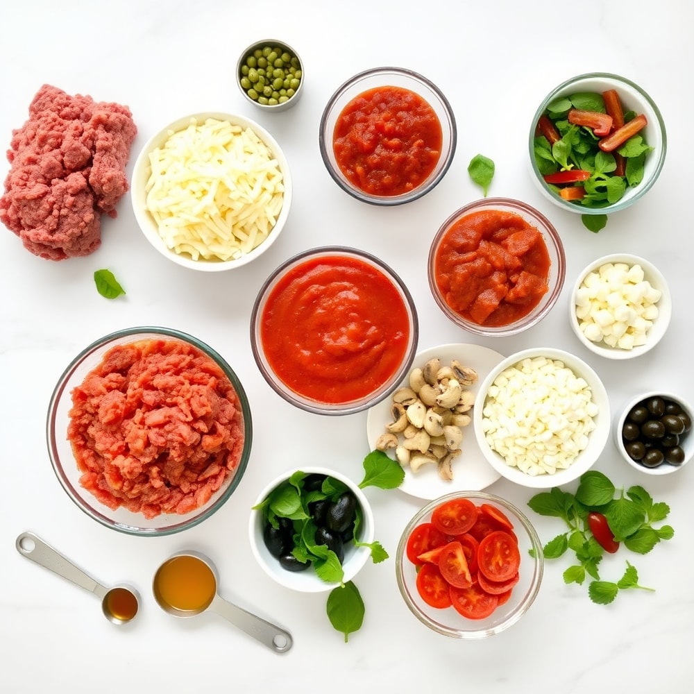 Raw ingredients for Paleo Pizza Soup: ground beef, diced tomatoes, pizza sauce, etc.