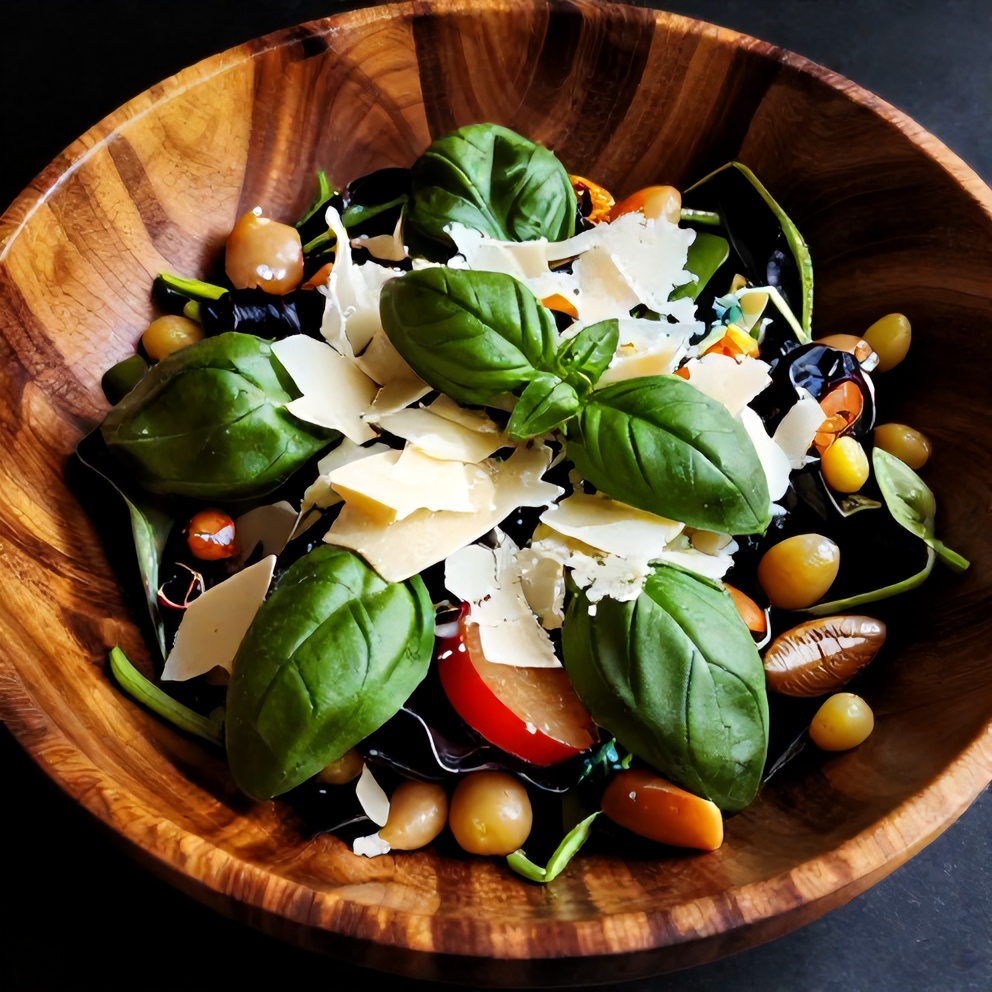 Plated Panzanella Salad with fresh basil and parmesan